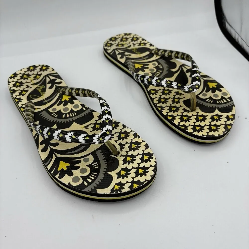 Vera Bradley Sandals Womens Size M 7 8 Fanfare Black Yellow Thong Flip‎ Flops B4